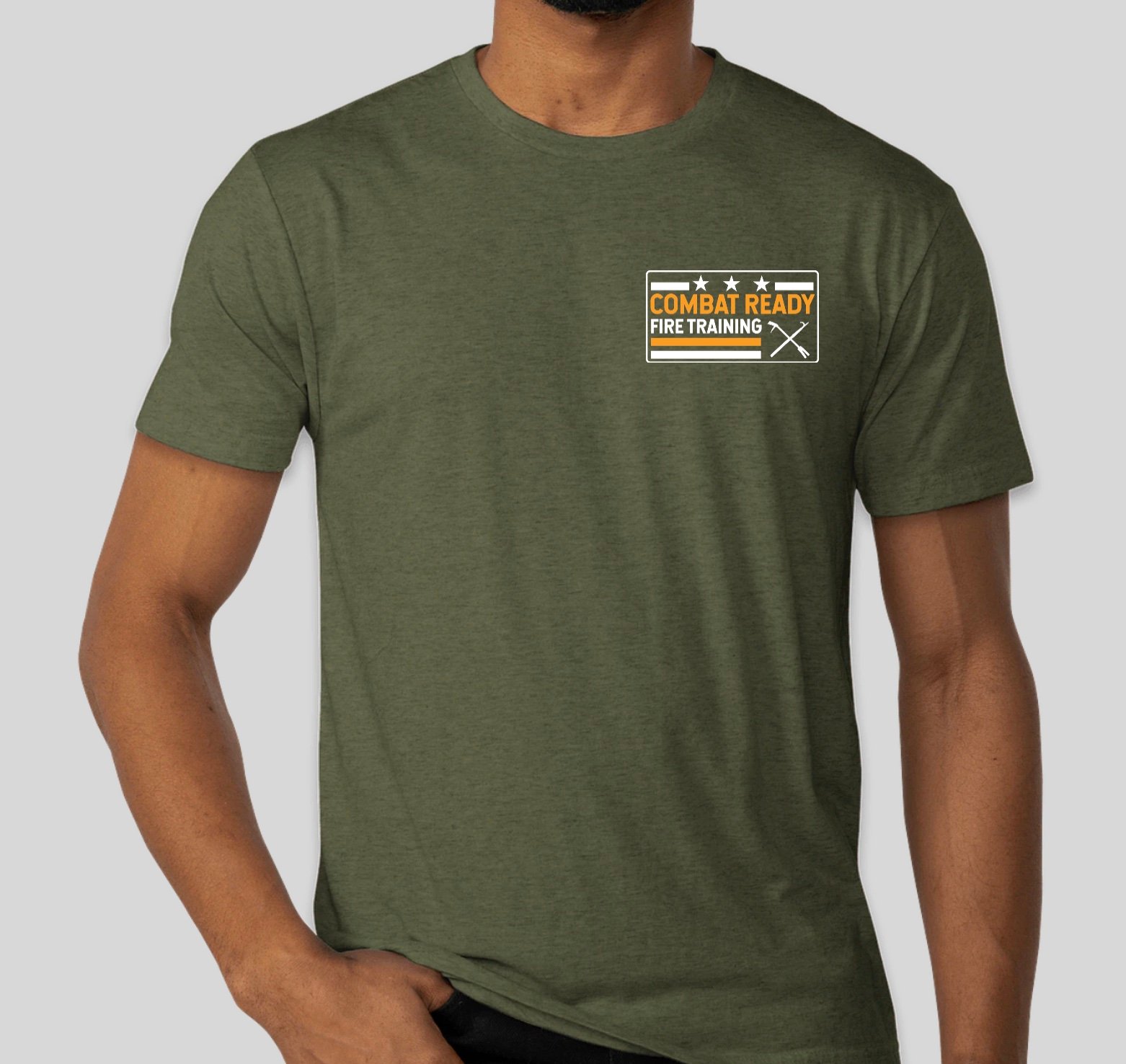 Shortsleeve Green tshirt front with Combat Ready Fire Training flag logo